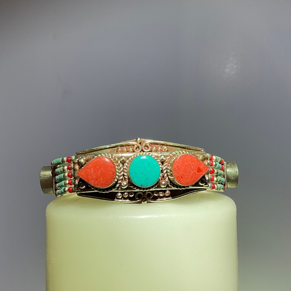 NWOT TIBETAN Turquoise and Coral Silver Bracelet